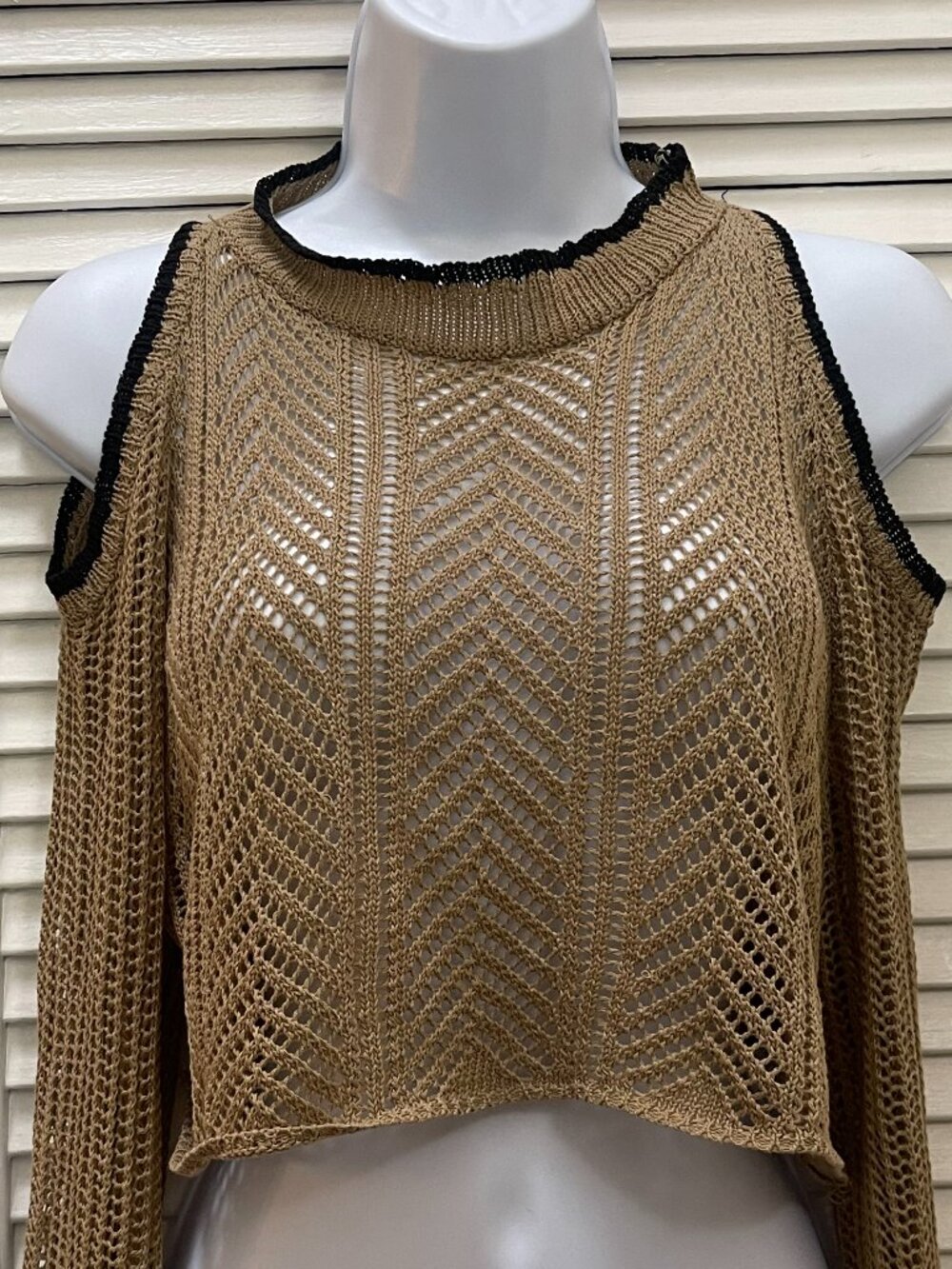 Open Knit Cold Shoulder Crop Sweater Coastal Boho Festival Beige